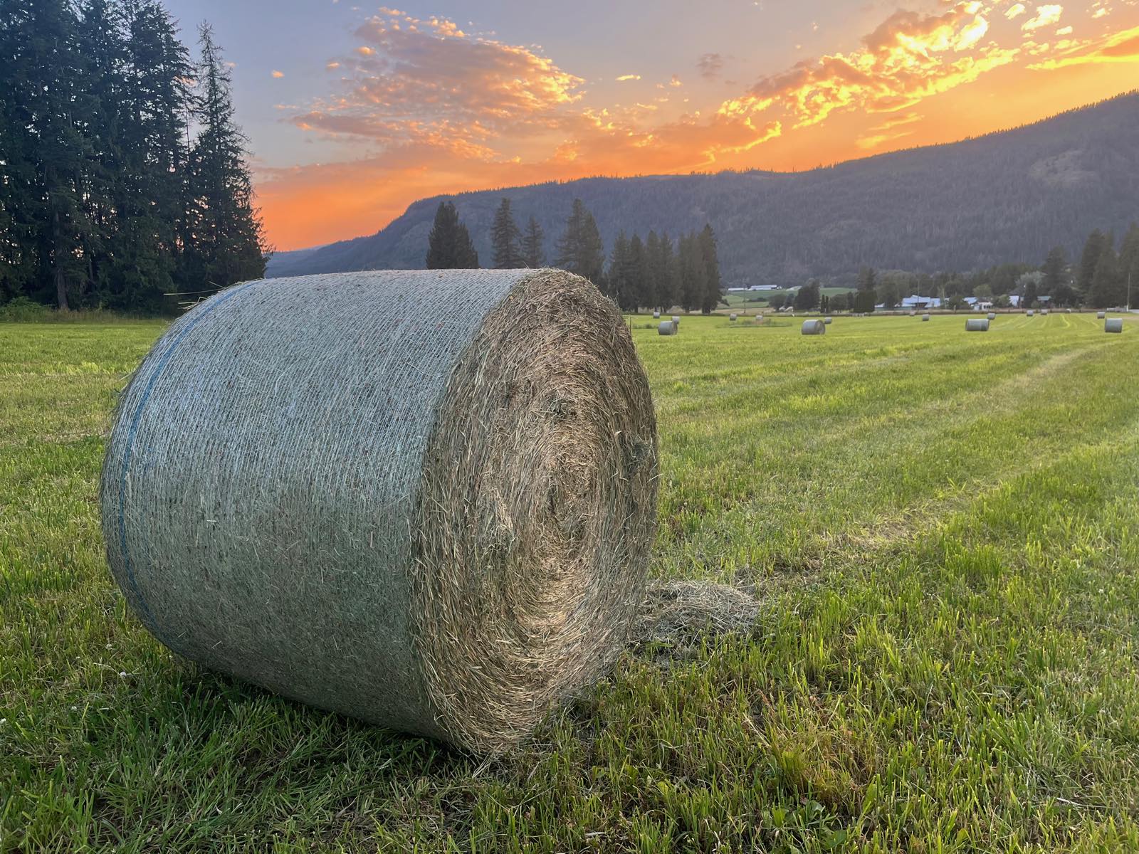 A round bale in the mown field under a blazing valley sunset